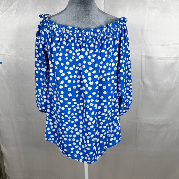 Blue Floral Off-Shoulder Top bishop sleeve size L - Picture 1 of 9